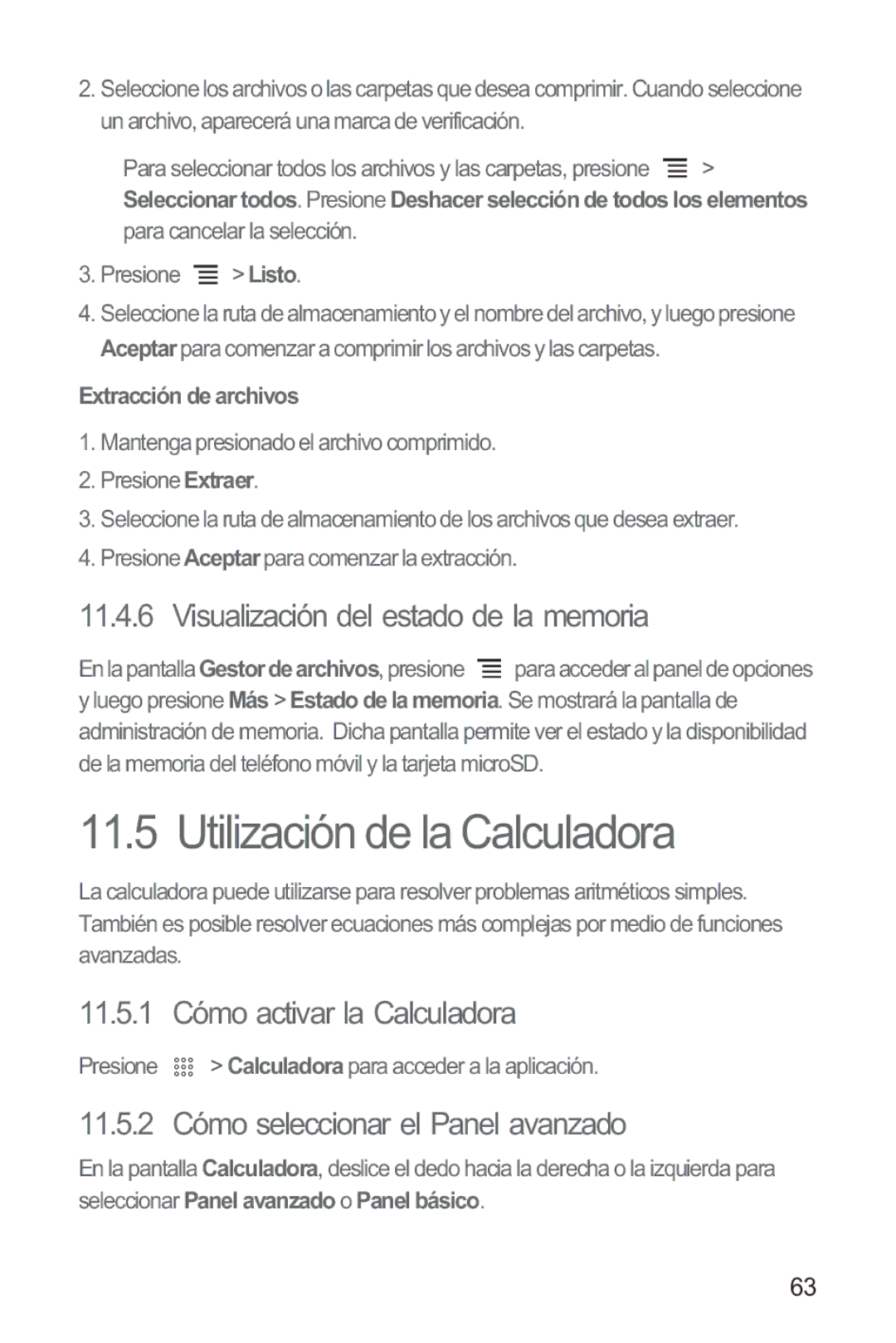 Huawei M865 Utilización de la Calculadora, Visualización del estado de la memoria, 11.5.1 Cómo activar la Calculadora 