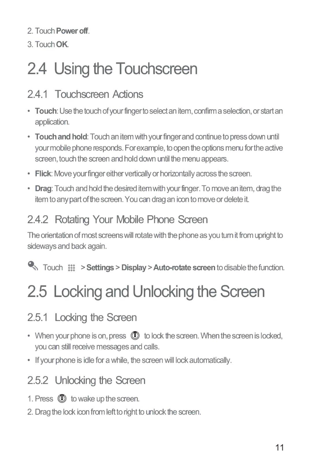 Huawei M865 manual Using the Touchscreen, Locking and Unlocking the Screen 