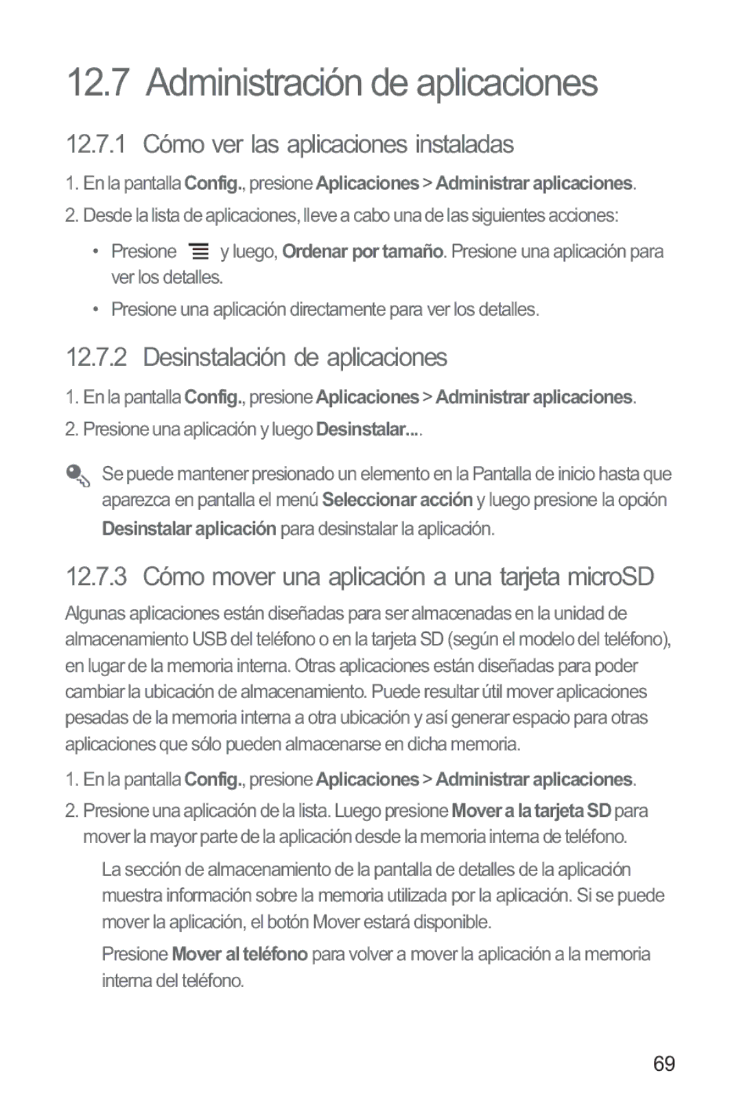 Huawei M865 manual Administración de aplicaciones, 12.7.1 Cómo ver las aplicaciones instaladas 