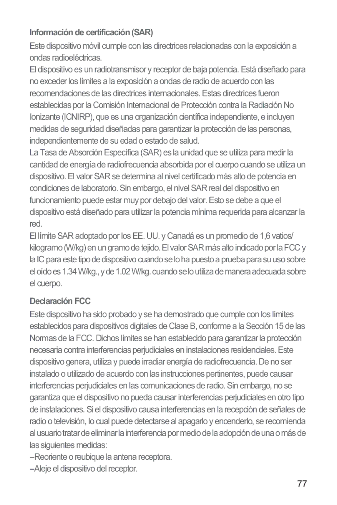 Huawei M865 manual Información de certificación SAR, Declaración FCC 