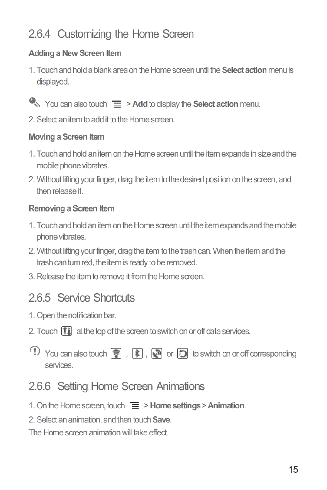 Huawei M865 manual Customizing the Home Screen, Service Shortcuts, Setting Home Screen Animations 