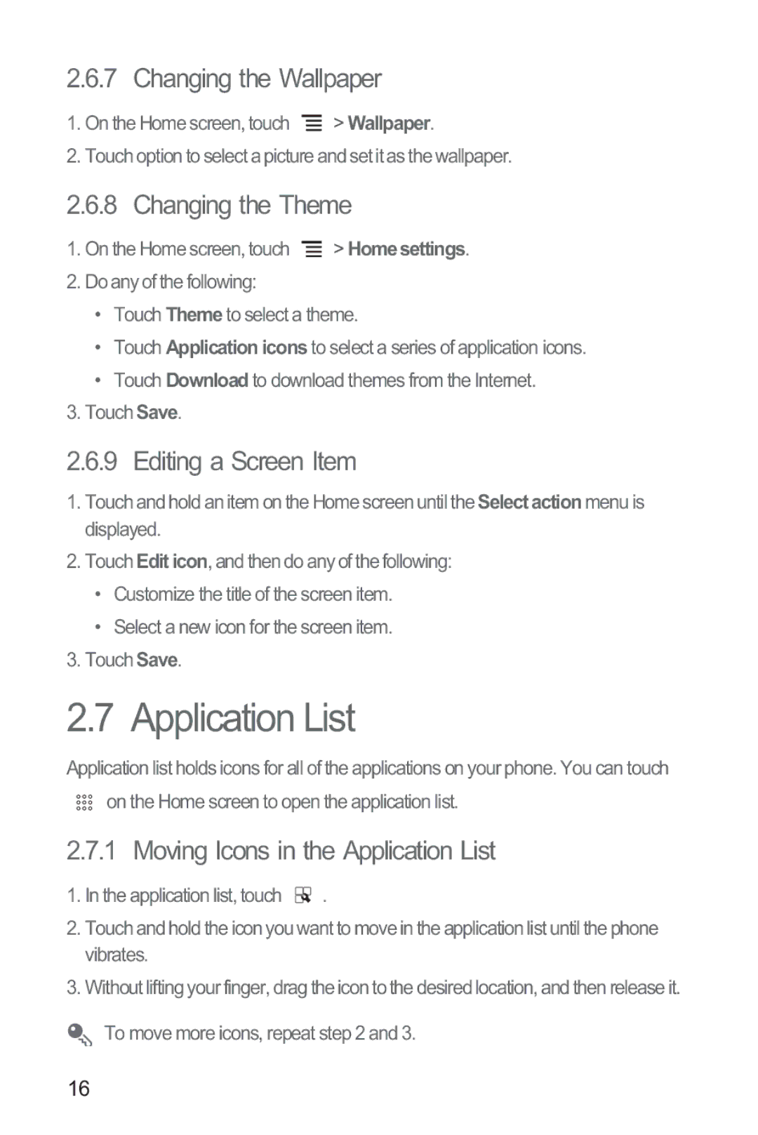 Huawei M865 manual Application List, Changing the Wallpaper, Changing the Theme, Editing a Screen Item 