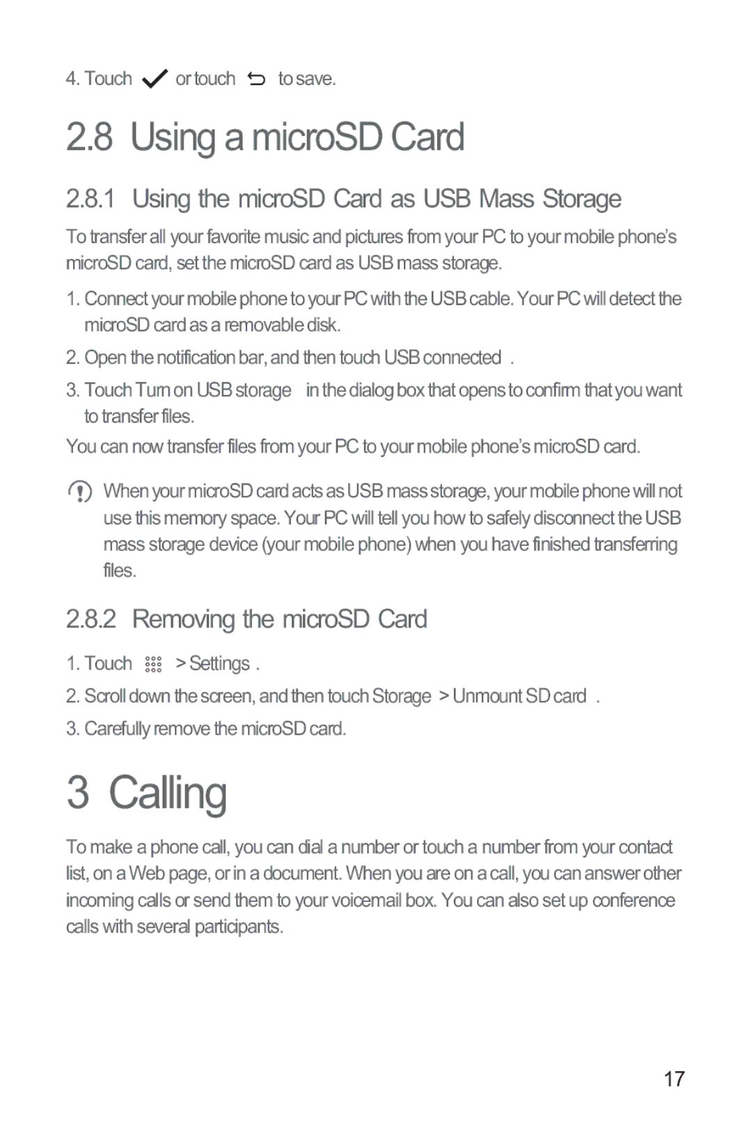 Huawei M865 manual Calling, Using a microSD Card, Using the microSD Card as USB Mass Storage, Removing the microSD Card 