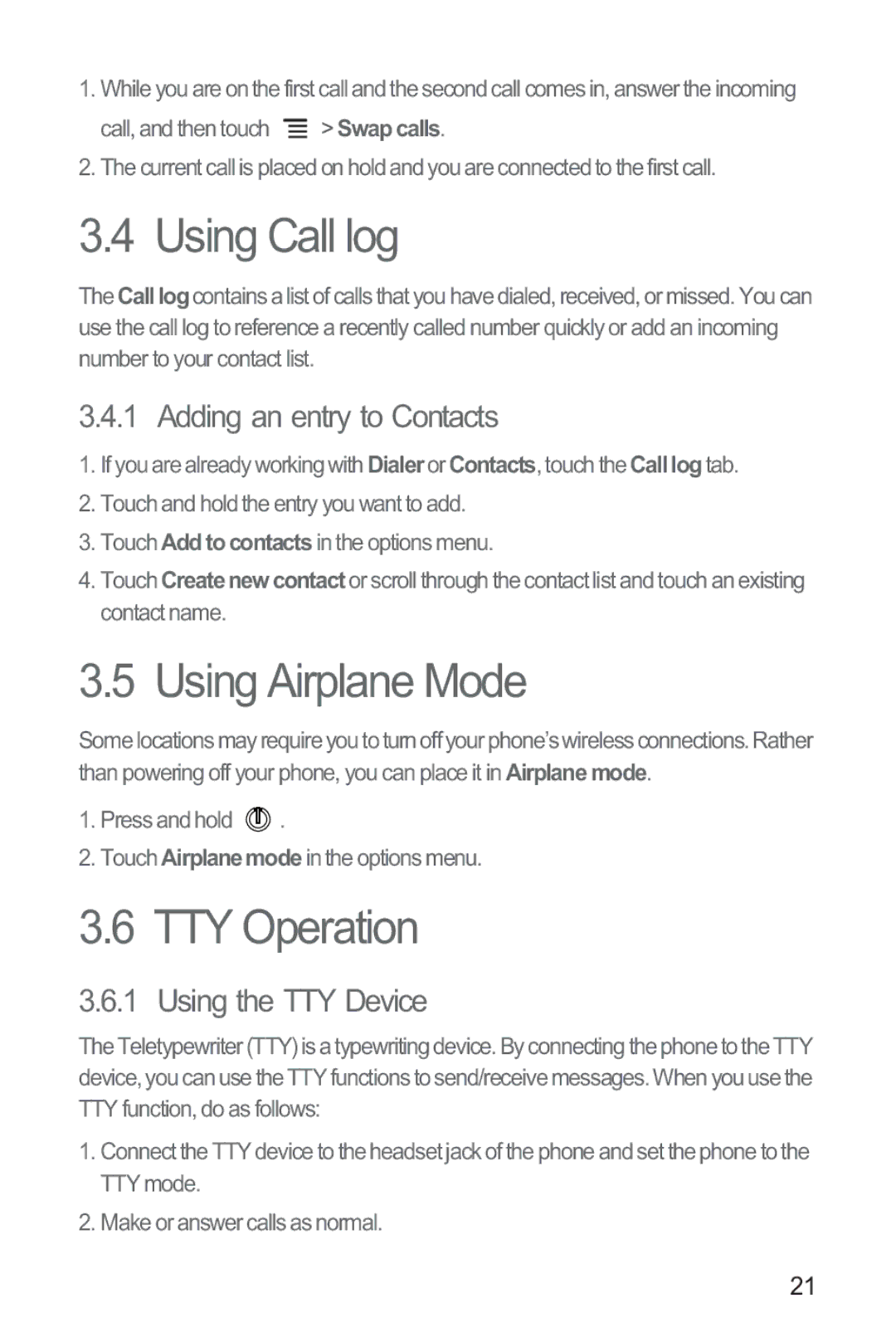 Huawei M865 manual Using Call log, Using Airplane Mode, TTY Operation, Adding an entry to Contacts, Using the TTY Device 