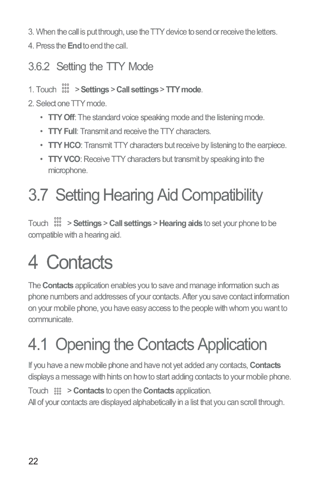 Huawei M865 manual Setting Hearing Aid Compatibility, Opening the Contacts Application, Setting the TTY Mode 