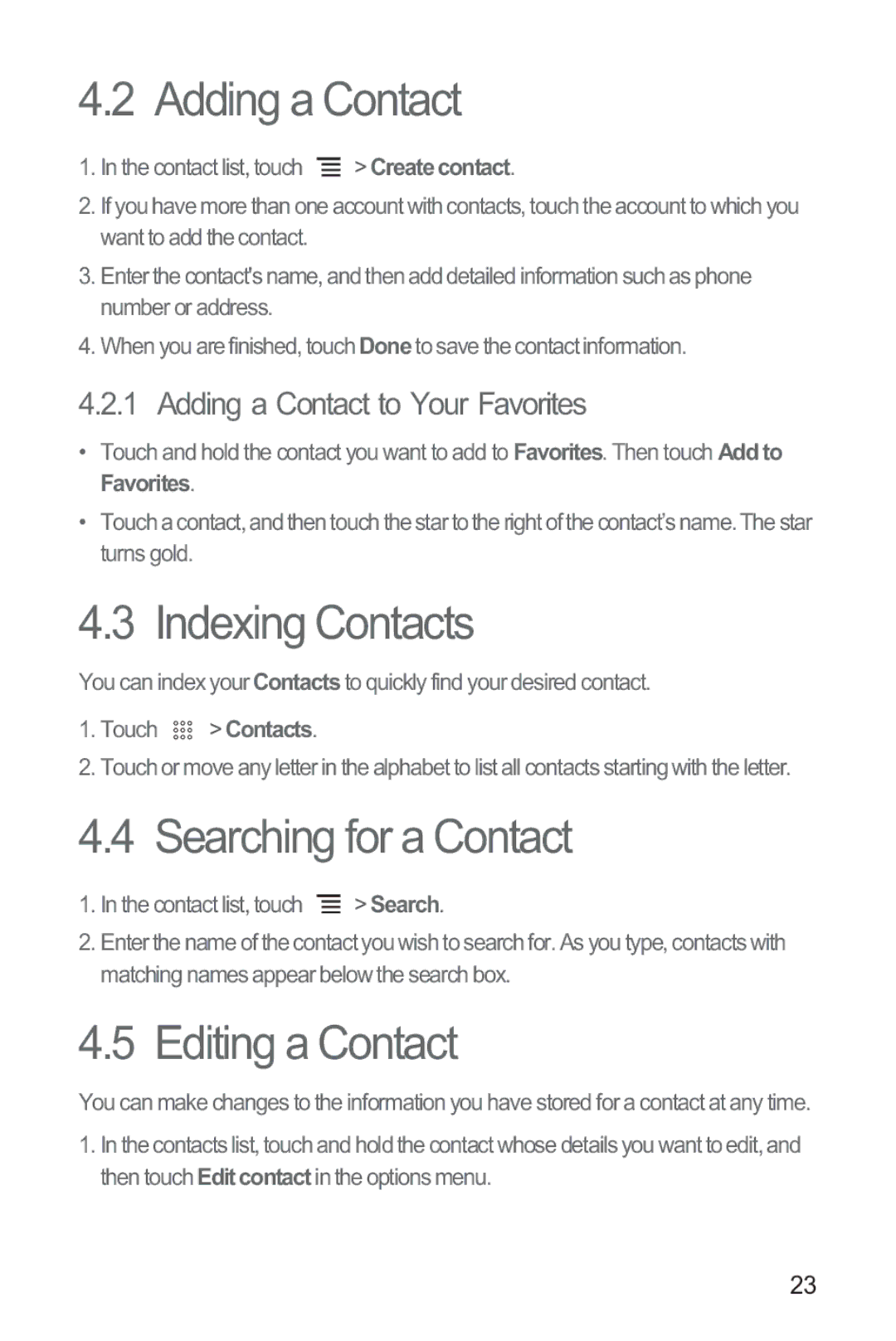 Huawei M865 manual Adding a Contact, Indexing Contacts, Searching for a Contact, Editing a Contact 