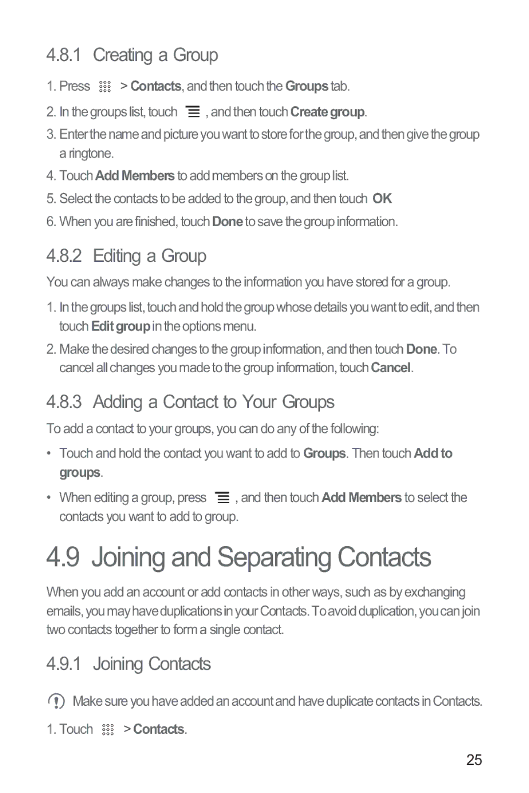 Huawei M865 manual Joining and Separating Contacts, Creating a Group, Editing a Group, Adding a Contact to Your Groups 