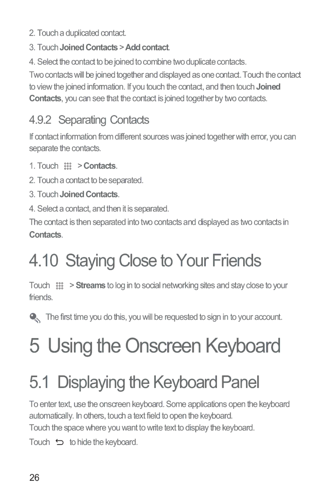 Huawei M865 Using the Onscreen Keyboard, Staying Close to Your Friends, Displaying the Keyboard Panel, Separating Contacts 