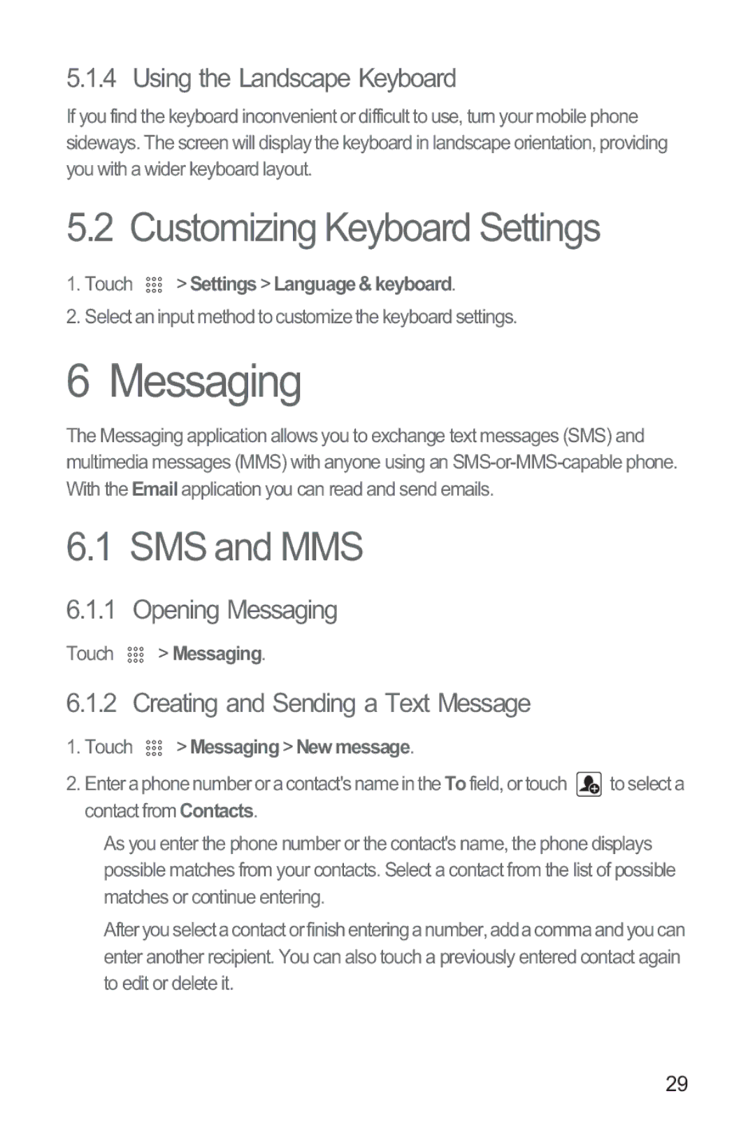 Huawei M865 manual Messaging, Customizing Keyboard Settings, SMS and MMS 