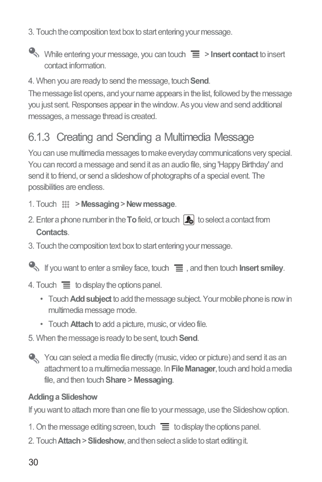 Huawei M865 manual Creating and Sending a Multimedia Message, Adding a Slideshow 