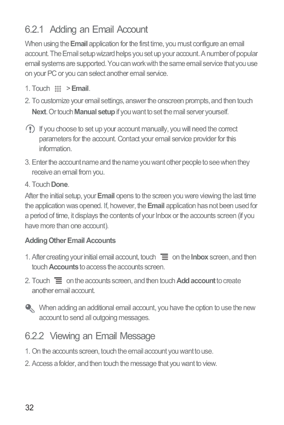 Huawei M865 manual Adding an Email Account, Viewing an Email Message, Adding Other Email Accounts 