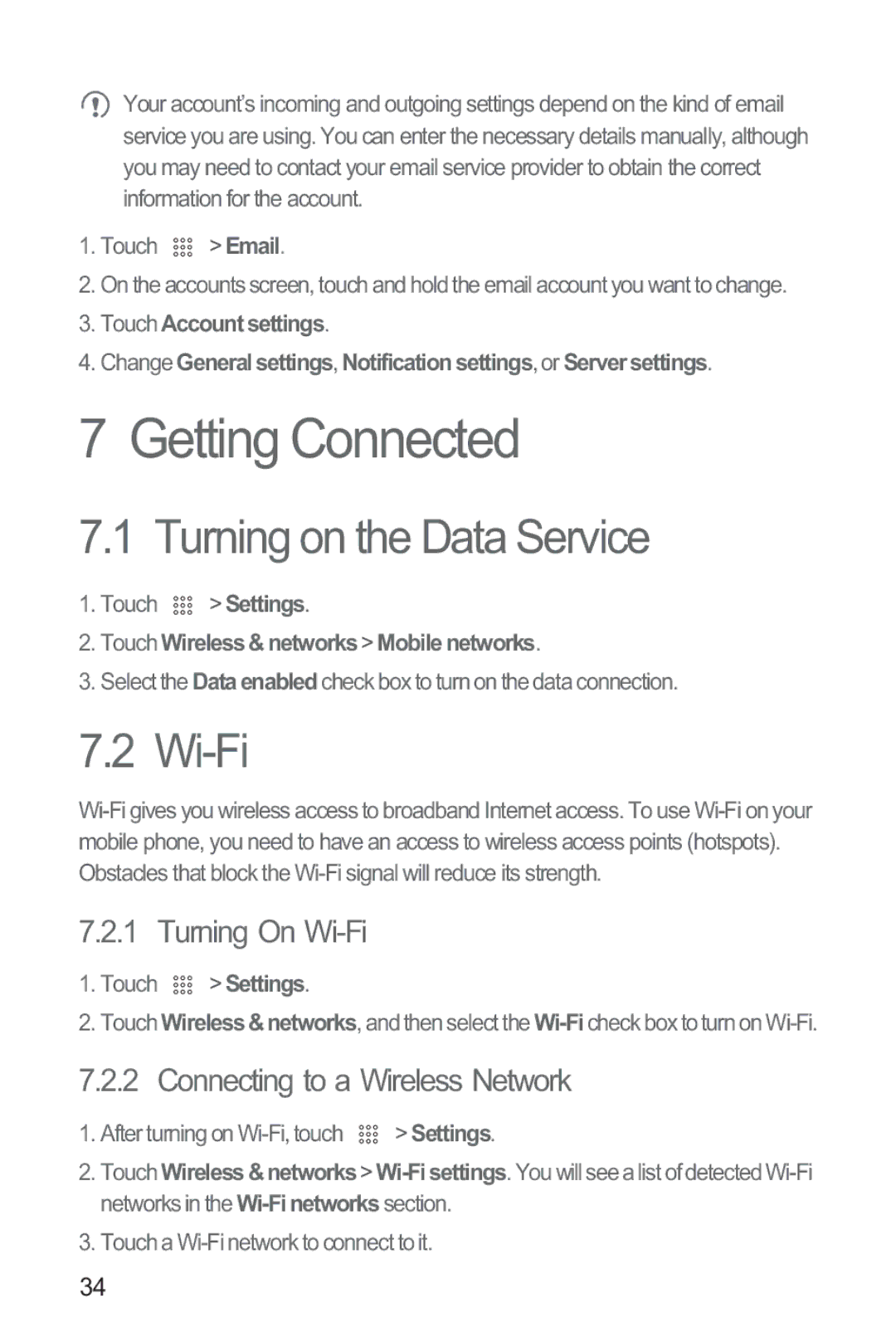 Huawei M865 manual Getting Connected, Turning on the Data Service, Turning On Wi-Fi, Connecting to a Wireless Network 