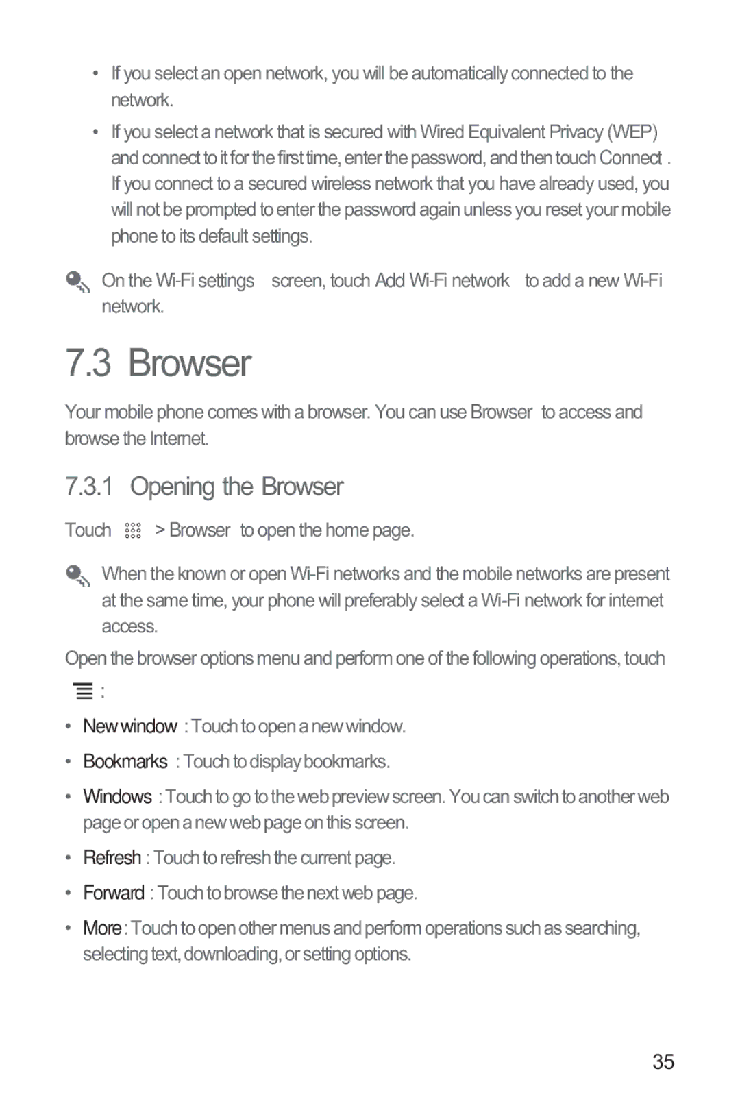 Huawei M865 manual Opening the Browser 