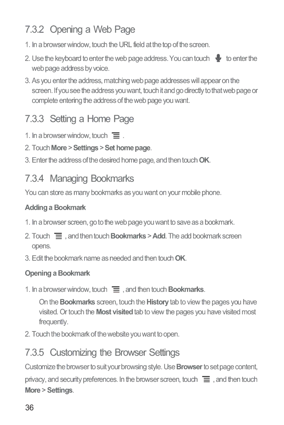 Huawei M865 manual Opening a Web, Setting a Home, Managing Bookmarks, Customizing the Browser Settings 