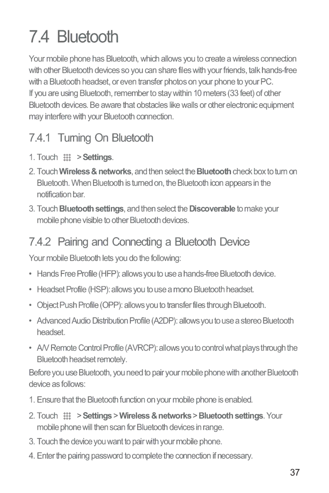 Huawei M865 manual Turning On Bluetooth, Pairing and Connecting a Bluetooth Device 