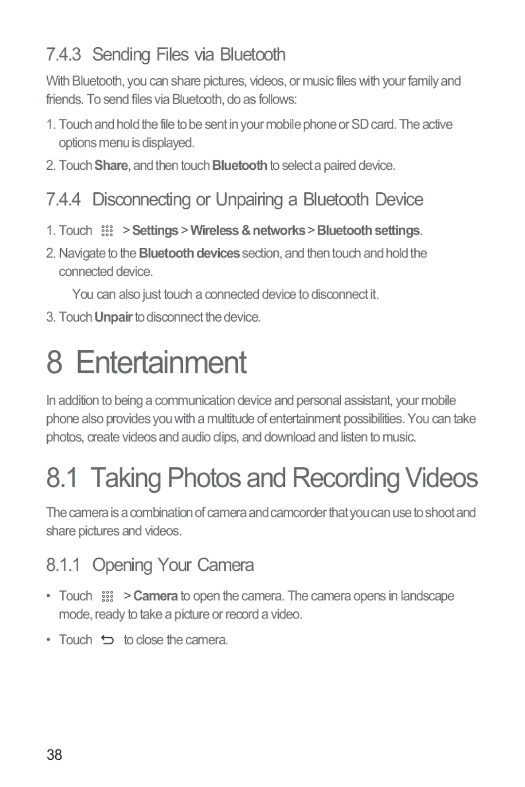 Huawei M865 Entertainment, Sending Files via Bluetooth, Disconnecting or Unpairing a Bluetooth Device, Opening Your Camera 