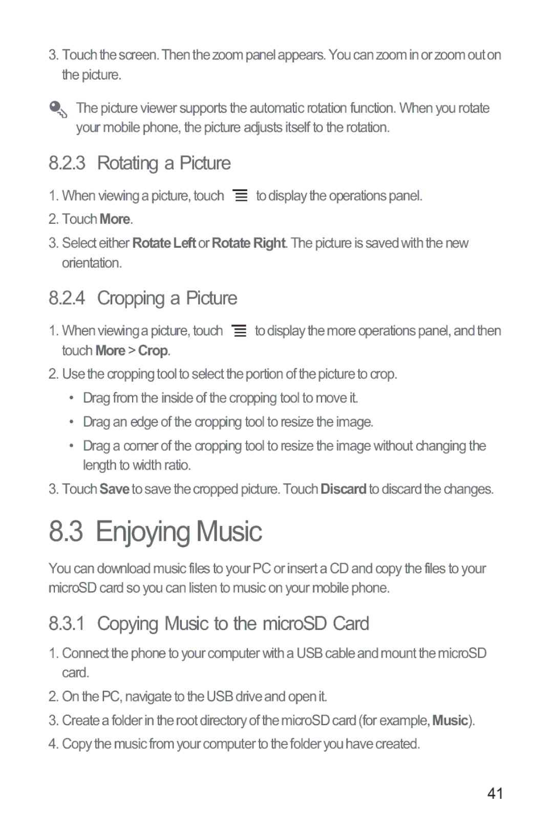 Huawei M865 manual Enjoying Music, Rotating a Picture, Cropping a Picture, Copying Music to the microSD Card 
