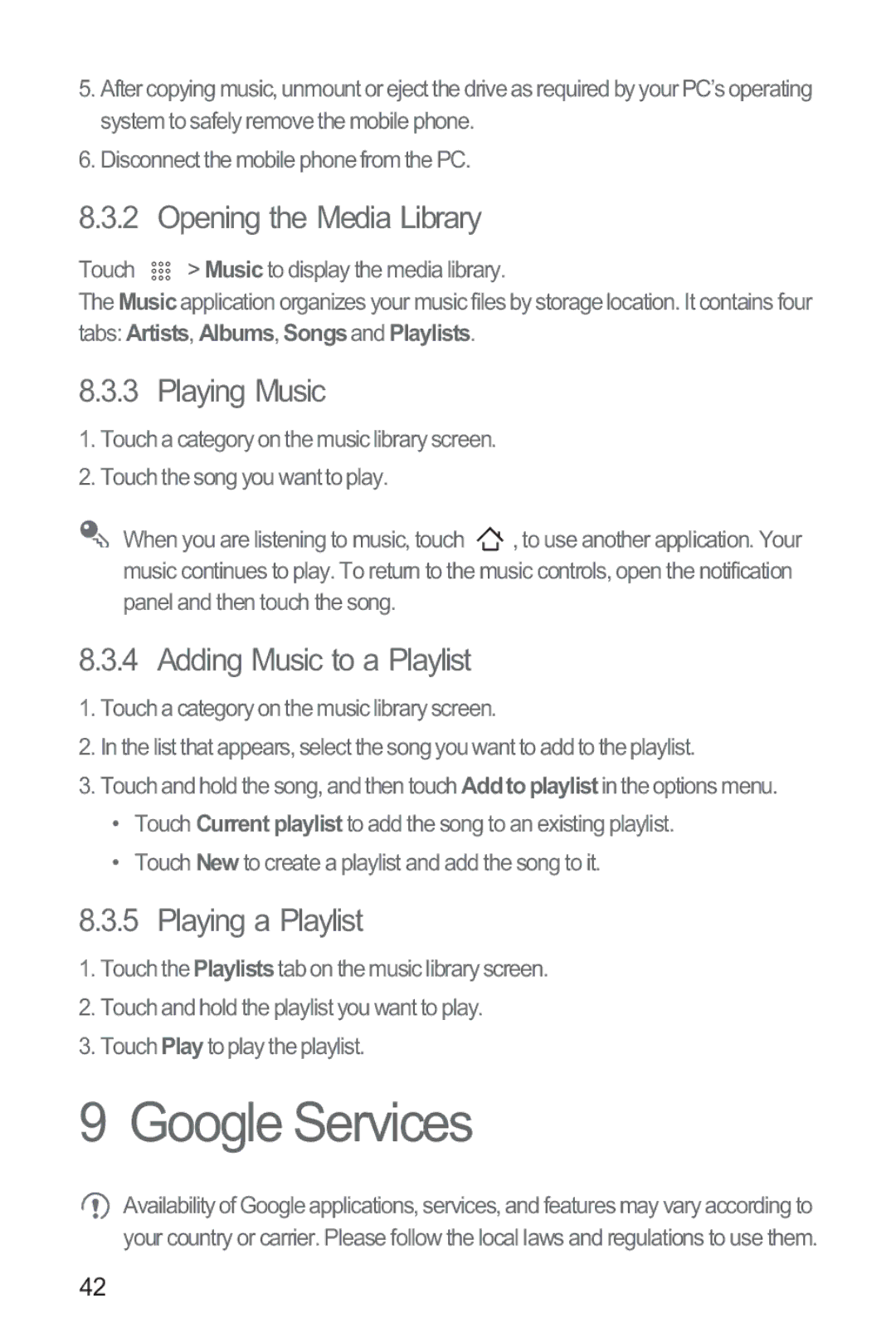 Huawei M865 manual Google Services, Playing Music, Adding Music to a Playlist, Playing a Playlist 