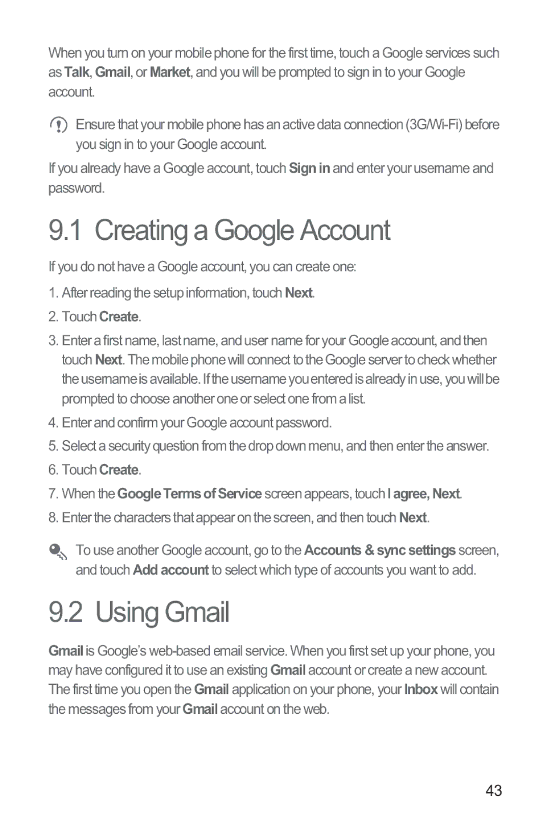 Huawei M865 manual Creating a Google Account, Using Gmail 