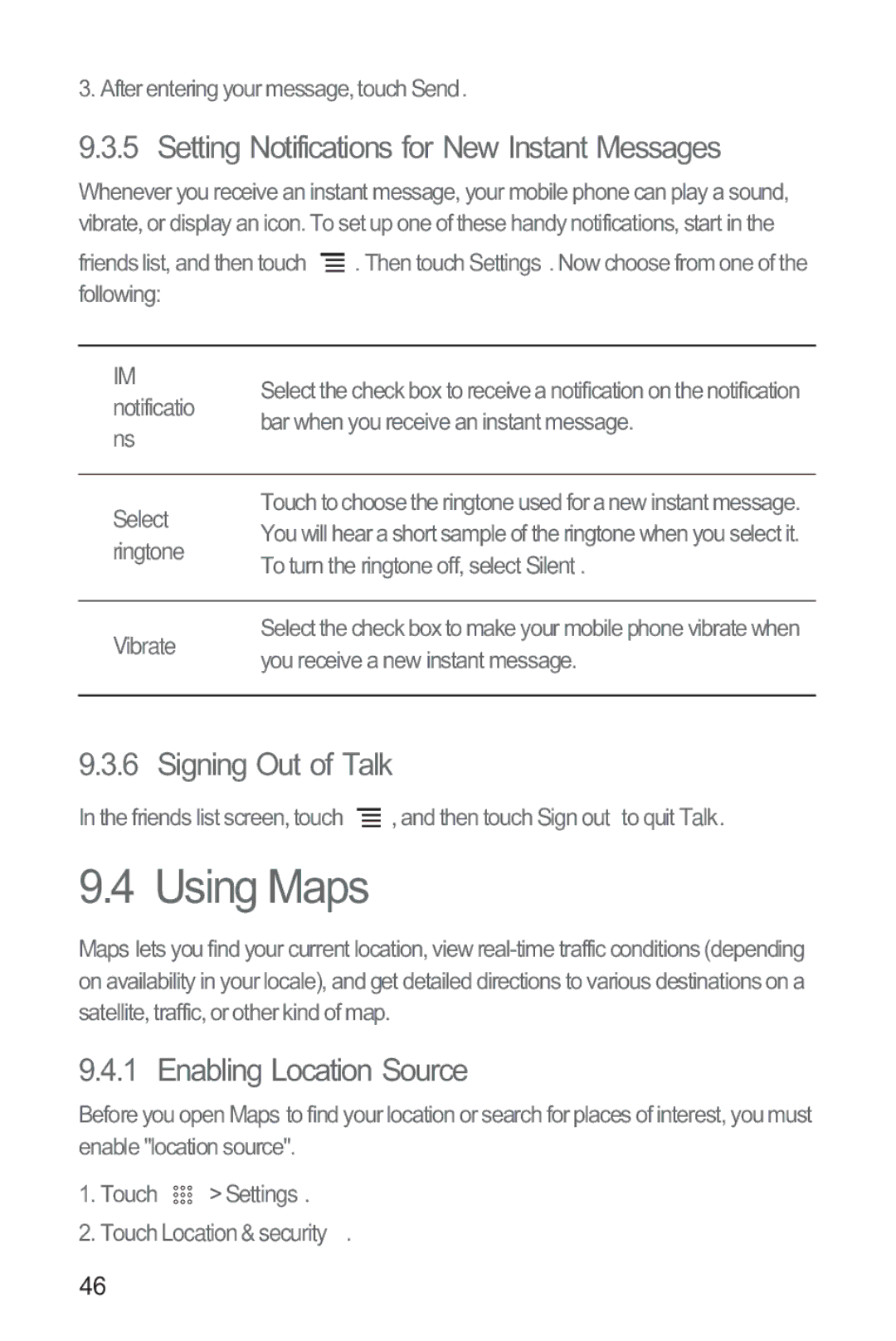 Huawei M865 Using Maps, Setting Notifications for New Instant Messages, Signing Out of Talk, Enabling Location Source 