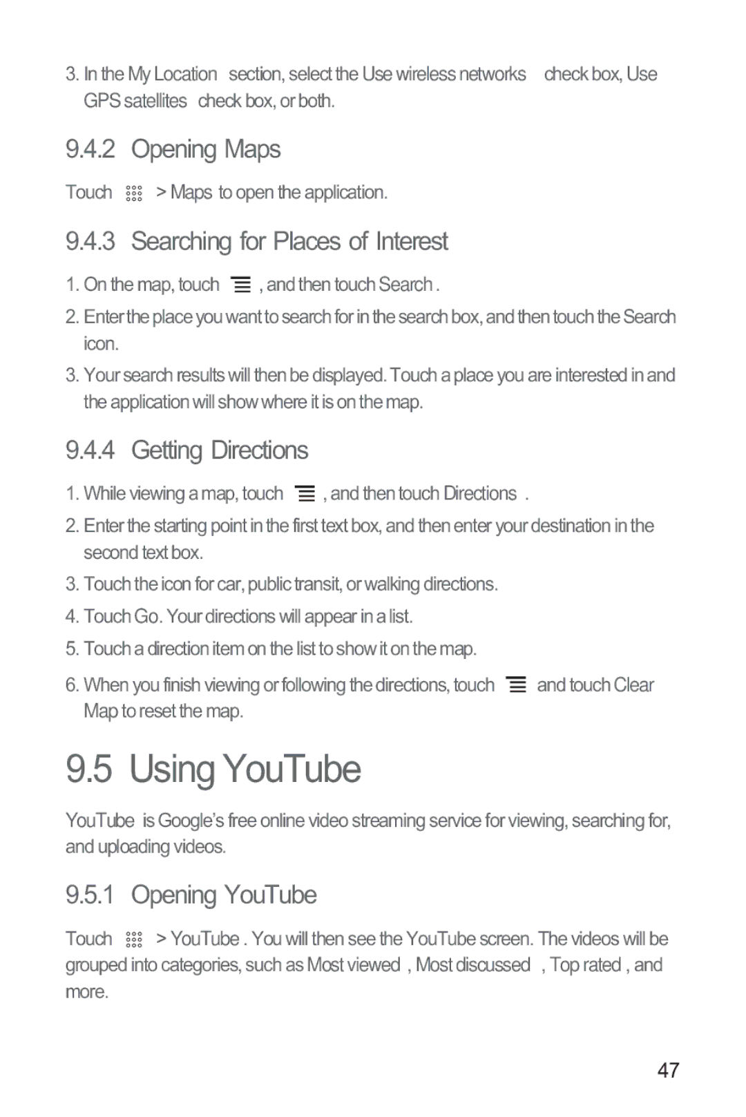 Huawei M865 manual Using YouTube, Opening Maps, Searching for Places of Interest, Getting Directions, Opening YouTube 