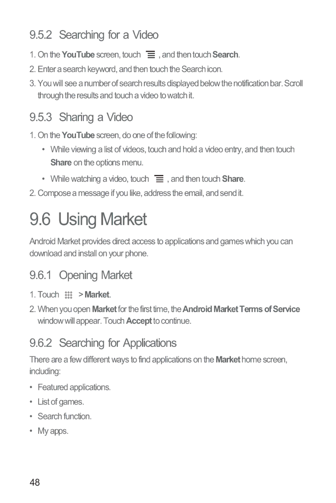 Huawei M865 manual Using Market, Searching for a Video, Sharing a Video, Opening Market, Searching for Applications 