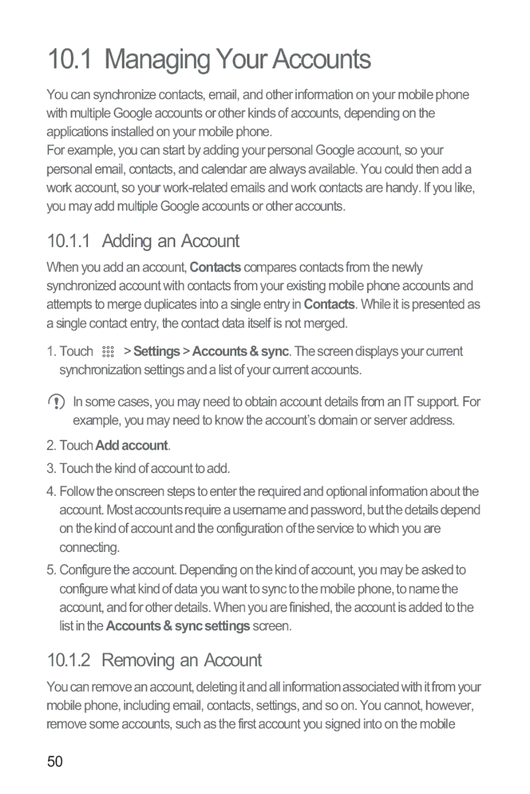 Huawei M865 manual Managing Your Accounts, Adding an Account, Removing an Account, Touch Addaccount 