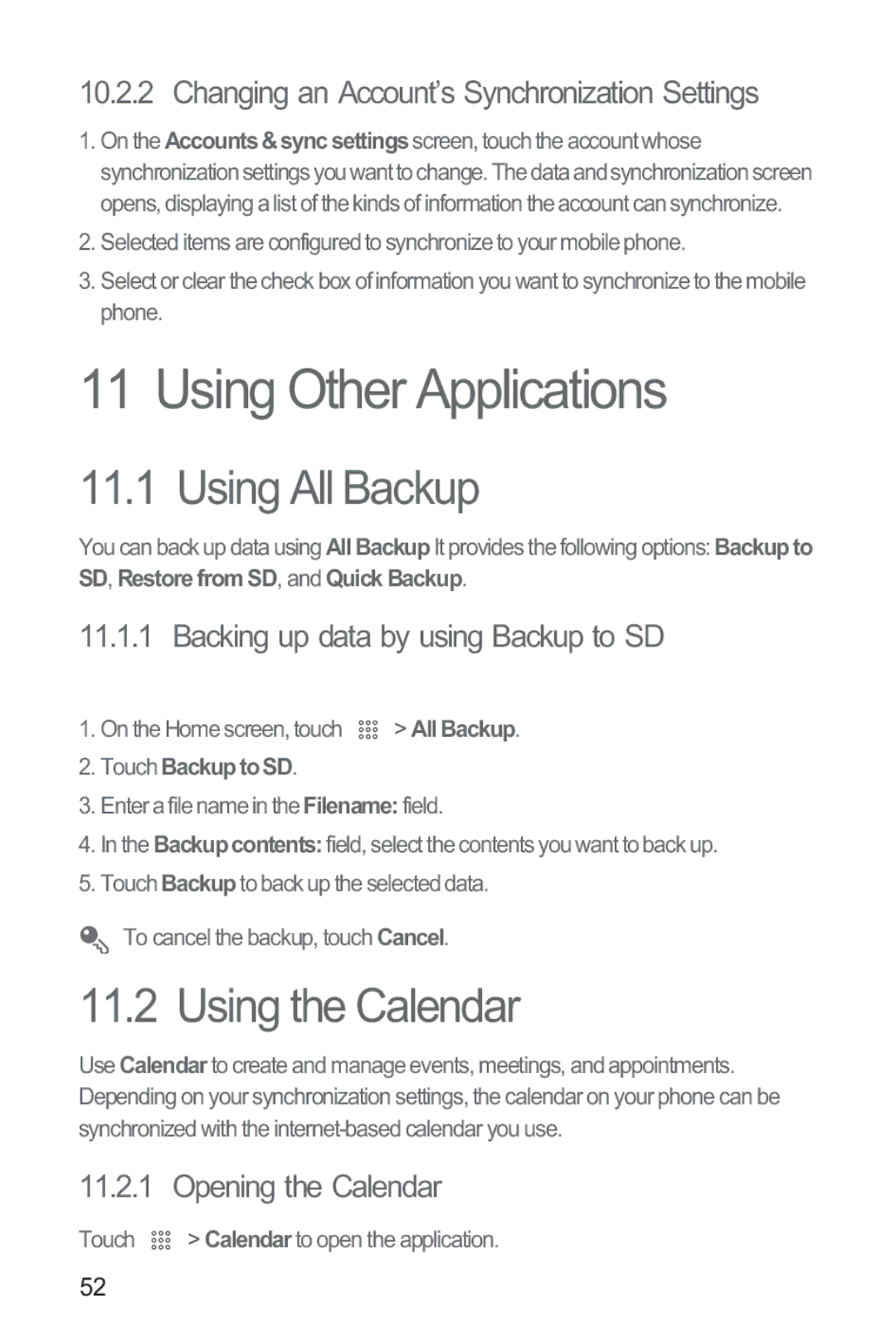 Huawei M865 manual Using Other Applications, Using All Backup, Using the Calendar 