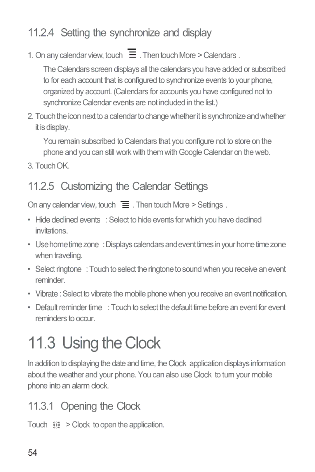 Huawei M865 Using the Clock, Setting the synchronize and display, Customizing the Calendar Settings, Opening the Clock 