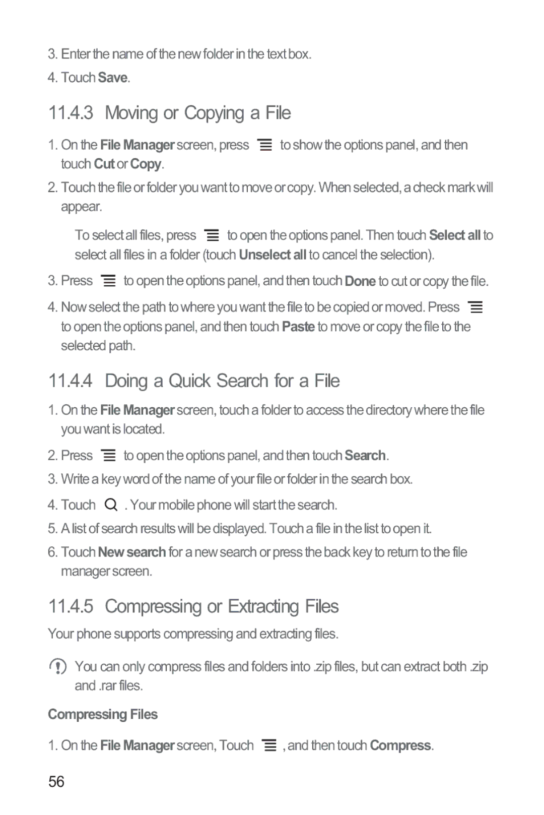 Huawei M865 Moving or Copying a File, Doing a Quick Search for a File, Compressing or Extracting Files, Compressing Files 