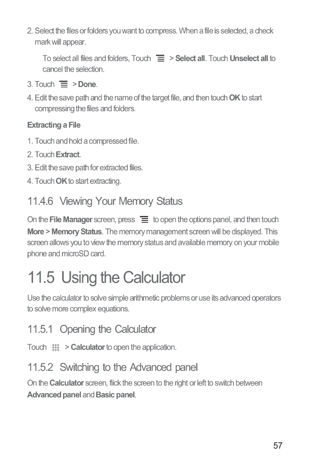 Huawei M865 Using the Calculator, Viewing Your Memory Status, Opening the Calculator, Switching to the Advanced panel 