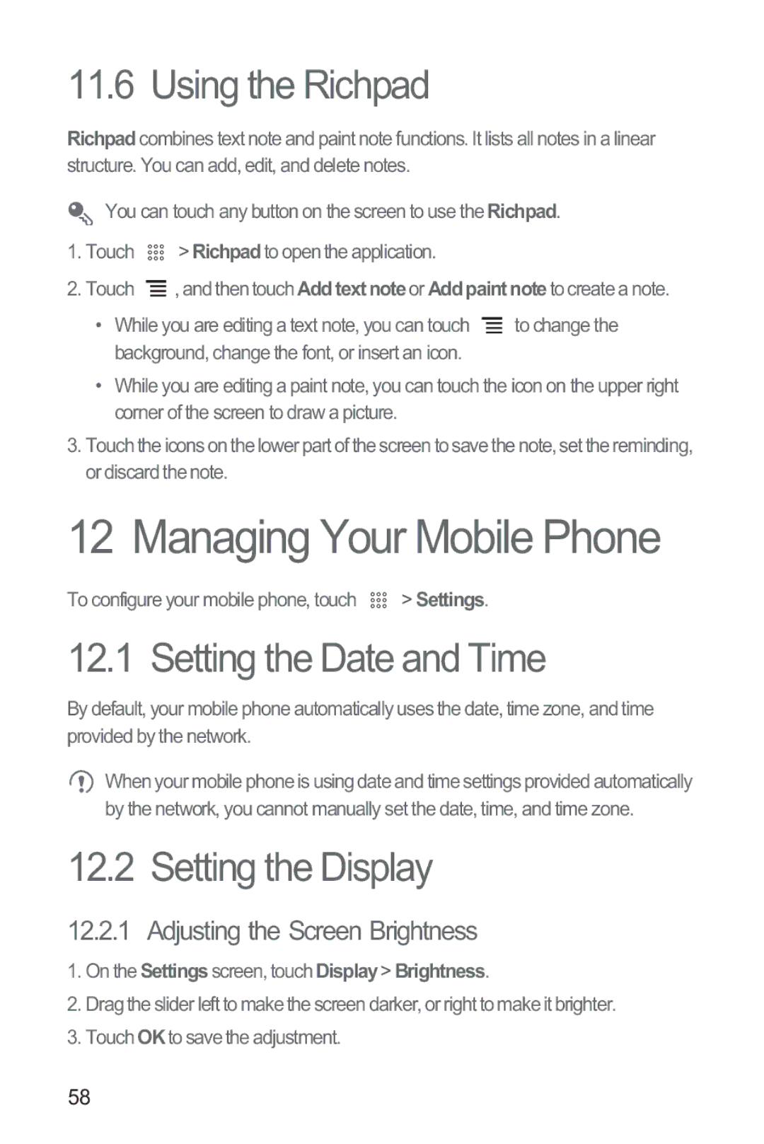 Huawei M865 manual Managing Your Mobile Phone, Using the Richpad, Setting the Date and Time, Setting the Display 