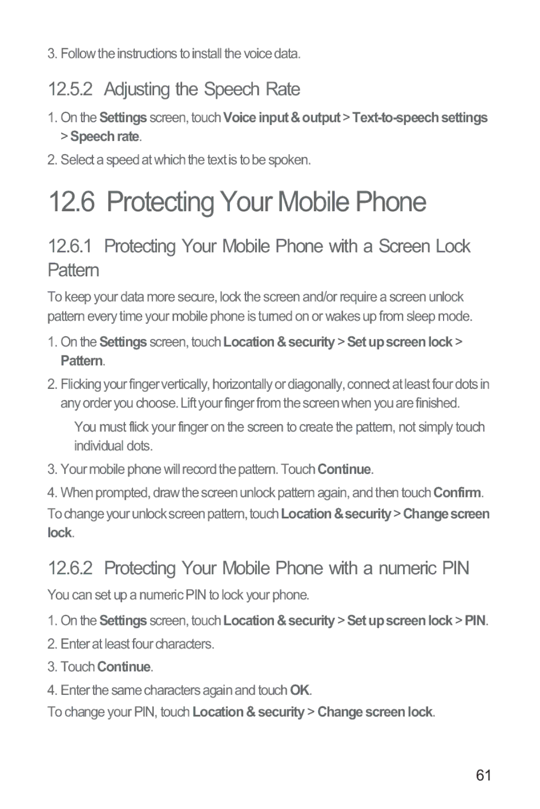 Huawei M865 manual Adjusting the Speech Rate, Protecting Your Mobile Phone with a numeric PIN, Touch Continue 