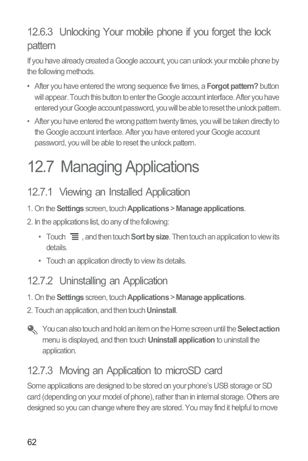 Huawei M865 manual Managing Applications, Unlocking Your mobile phone if you forget the lock Pattern 