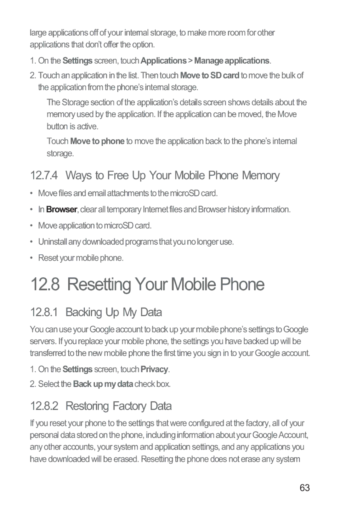 Huawei M865 manual Resetting Your Mobile Phone, Ways to Free Up Your Mobile Phone Memory, Backing Up My Data 