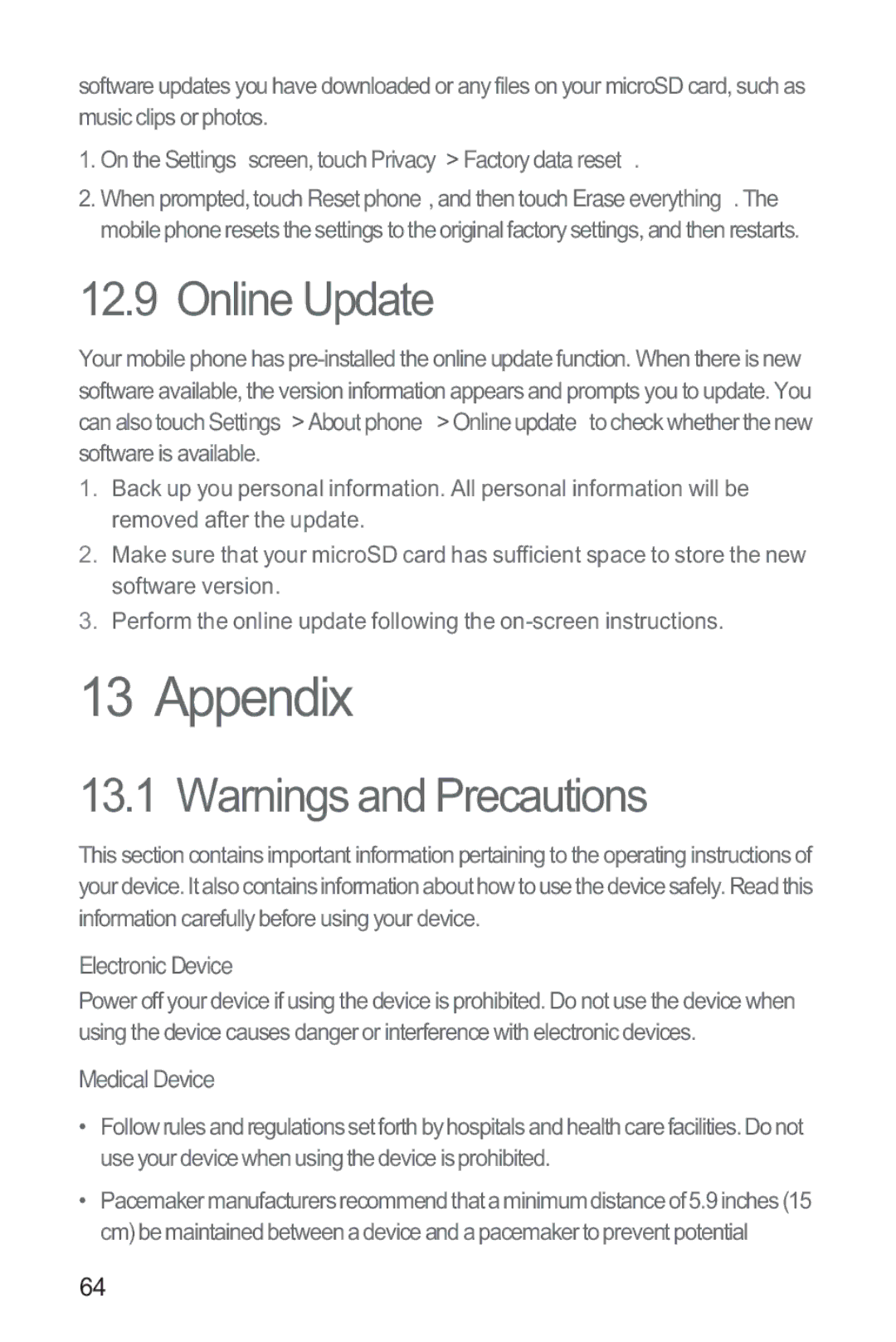 Huawei M865 manual Appendix, Online Update, On the Settingsscreen, touch Privacy Factorydatareset, Electronic Device 