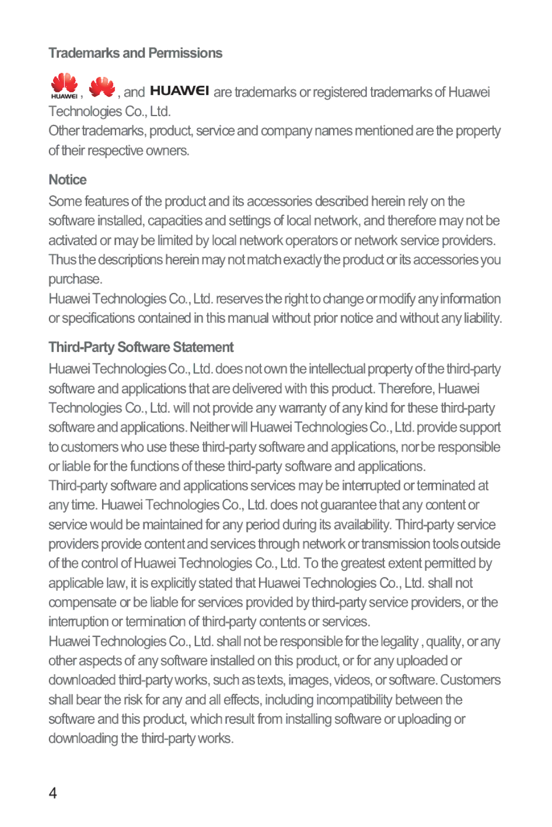 Huawei M865 manual Trademarks and Permissions, Third-Party Software Statement 