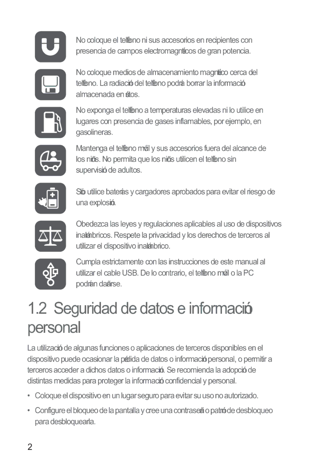 Huawei M865 manual Seguridad de datos e información personal 