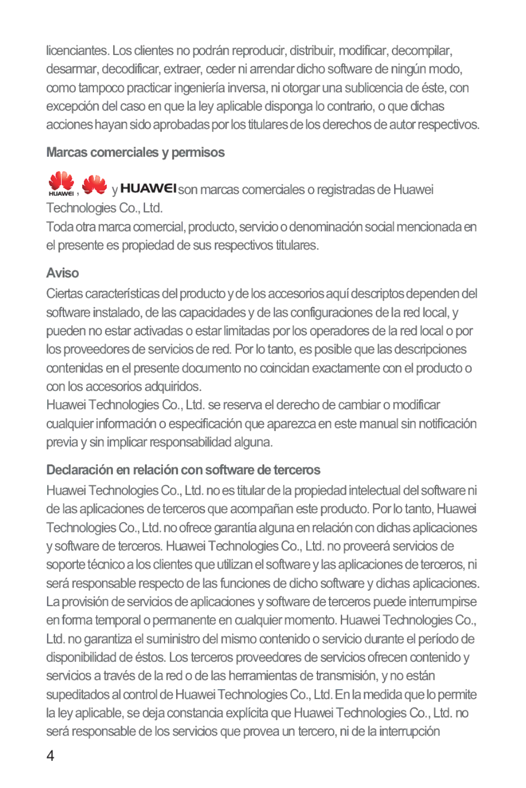 Huawei M865 manual Marcas comerciales y permisos, Aviso, Declaración en relación con software de terceros 