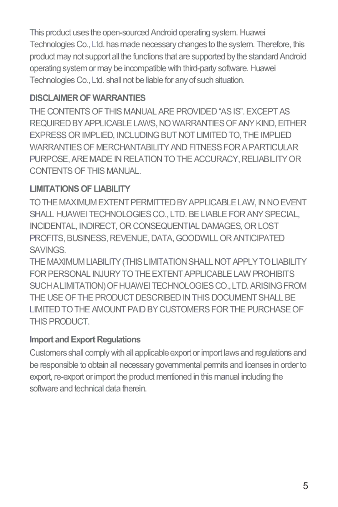 Huawei M865 manual Disclaimer of Warranties, Import and Export Regulations 