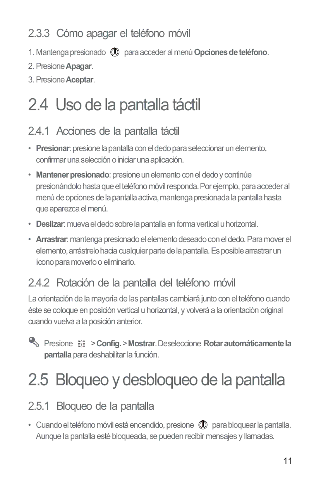 Huawei M865 manual Uso de la pantalla táctil, Bloqueo y desbloqueo de la pantalla 