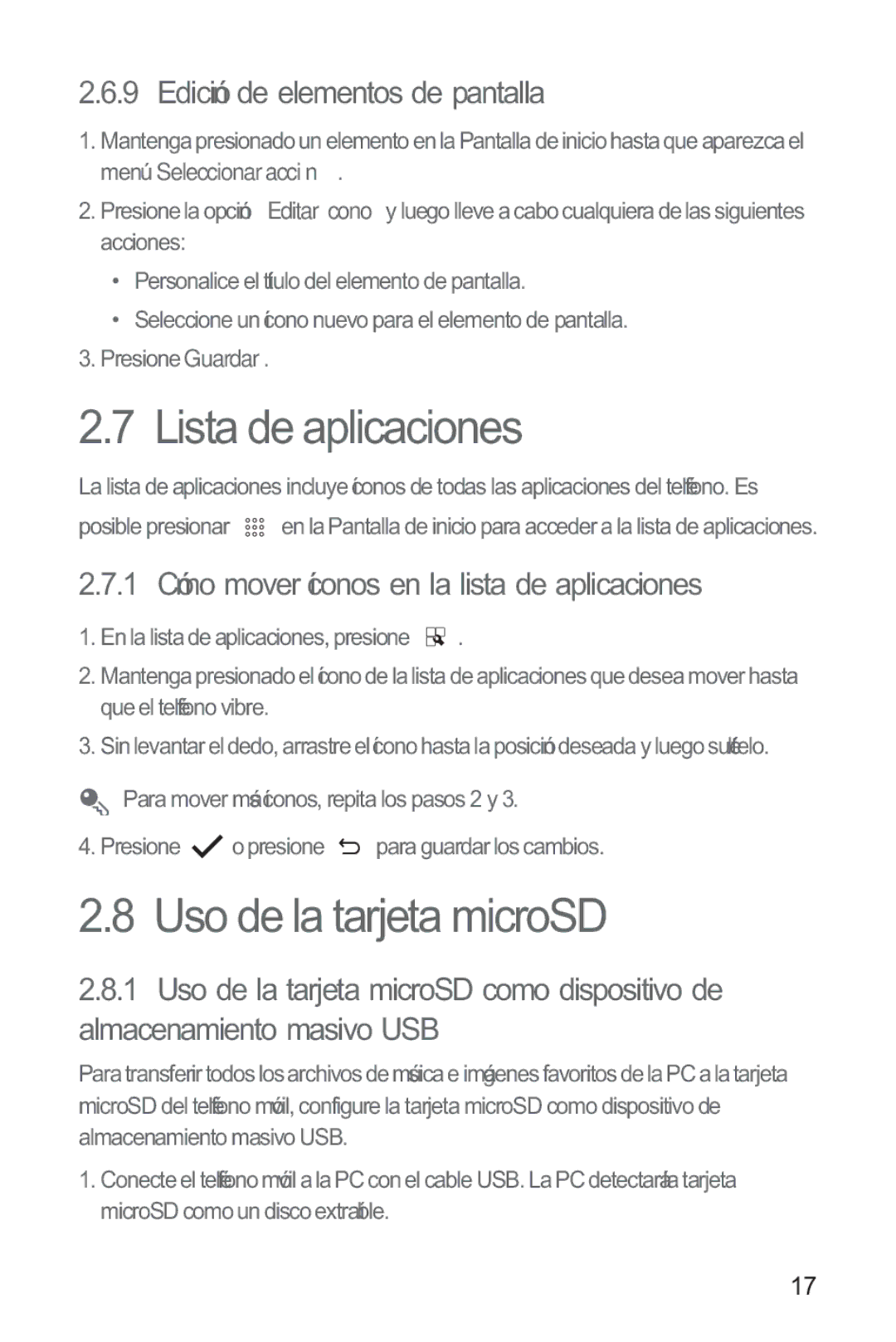 Huawei M865 manual Lista de aplicaciones, Uso de la tarjeta microSD, Edición de elementos de pantalla 