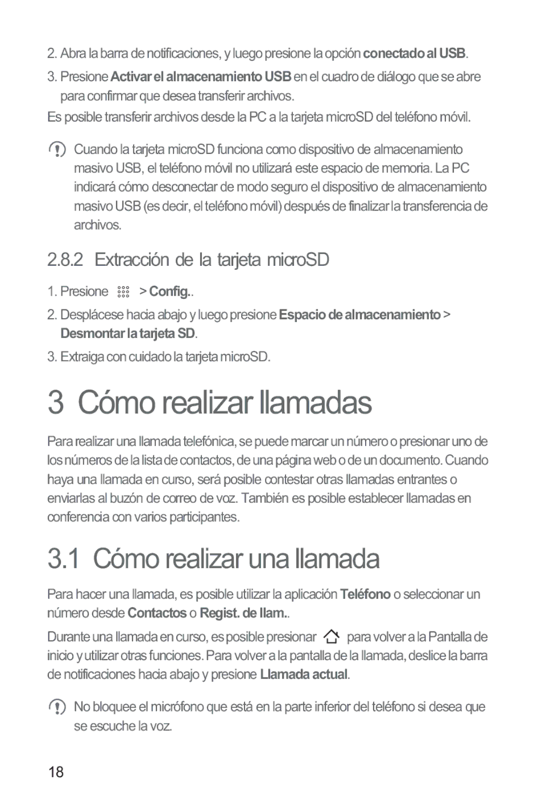 Huawei M865 manual Cómo realizar llamadas, Cómo realizar una llamada, Extracción de la tarjeta microSD 