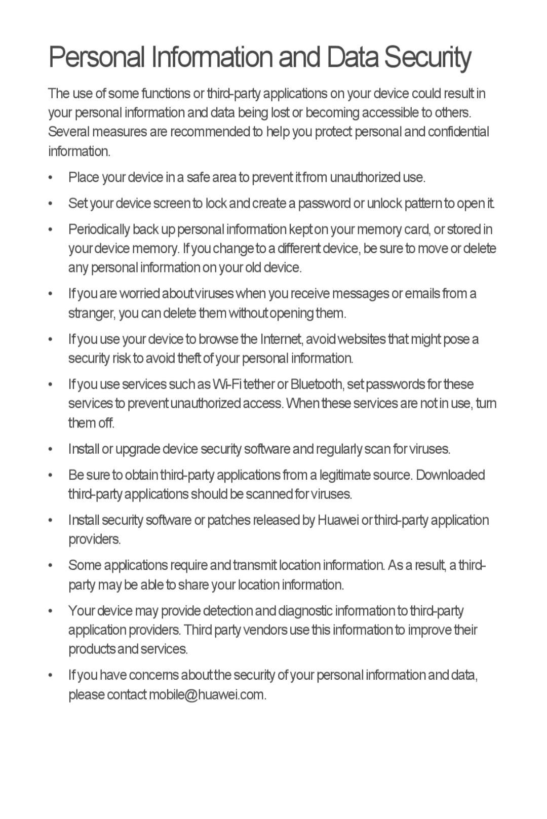 Huawei M866 quick start Personal Information and Data Security 