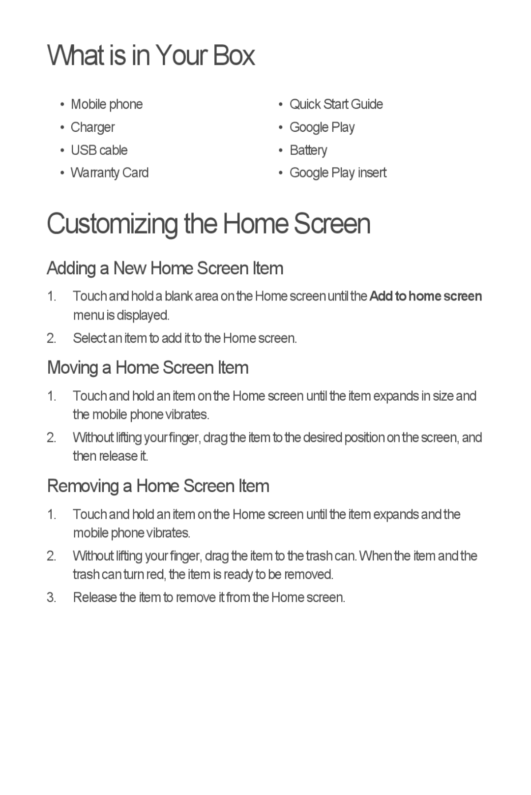 Huawei M866 What is in Your Box, Customizing the Home Screen, Adding a New Home Screen Item, Moving a Home Screen Item 