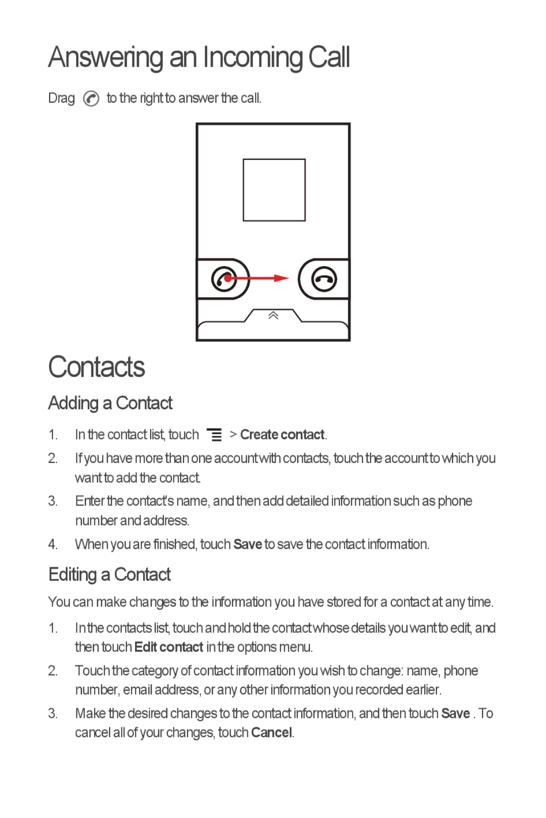 Huawei M866 quick start Answering an Incoming Call, Contacts, Adding a Contact, Editing a Contact 