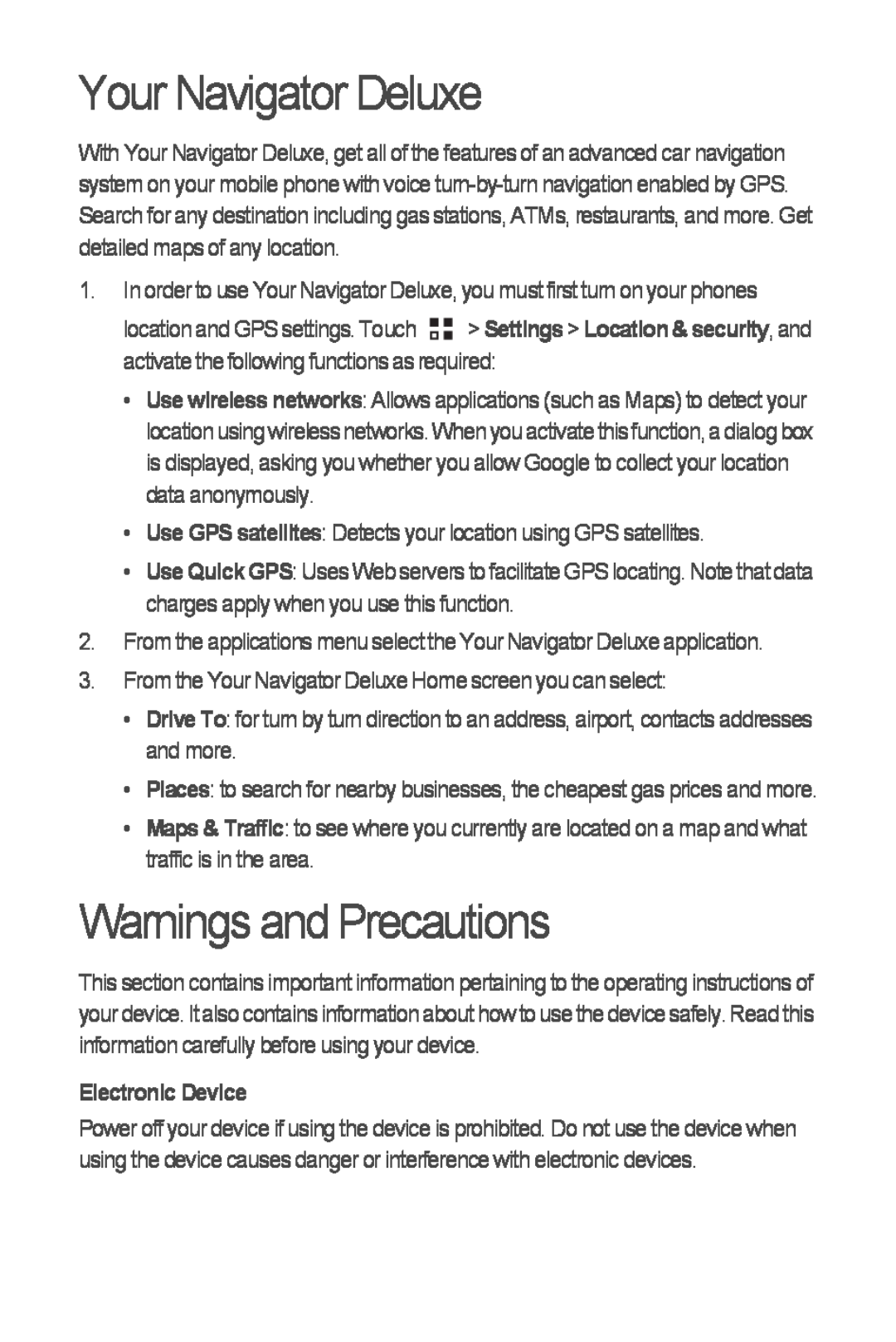 Huawei M866 quick start Your Navigator Deluxe, Warnings and Precautions, Electronic Device 