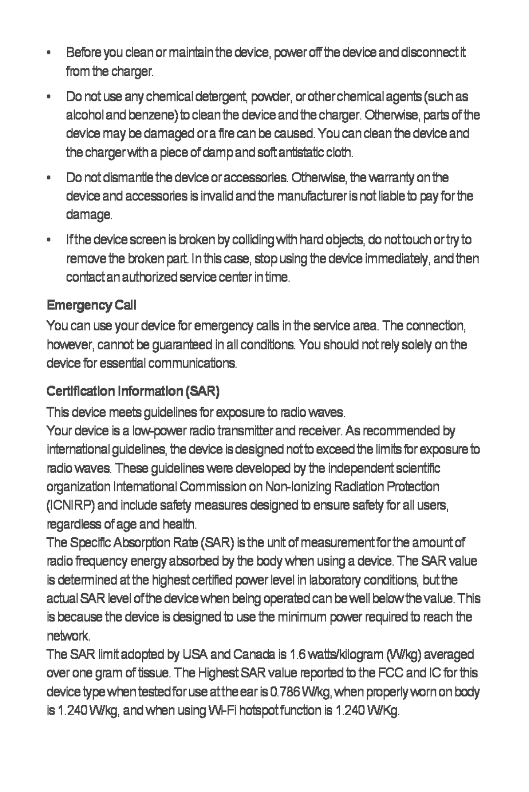 Huawei M866 quick start Emergency Call, Certification Information SAR 