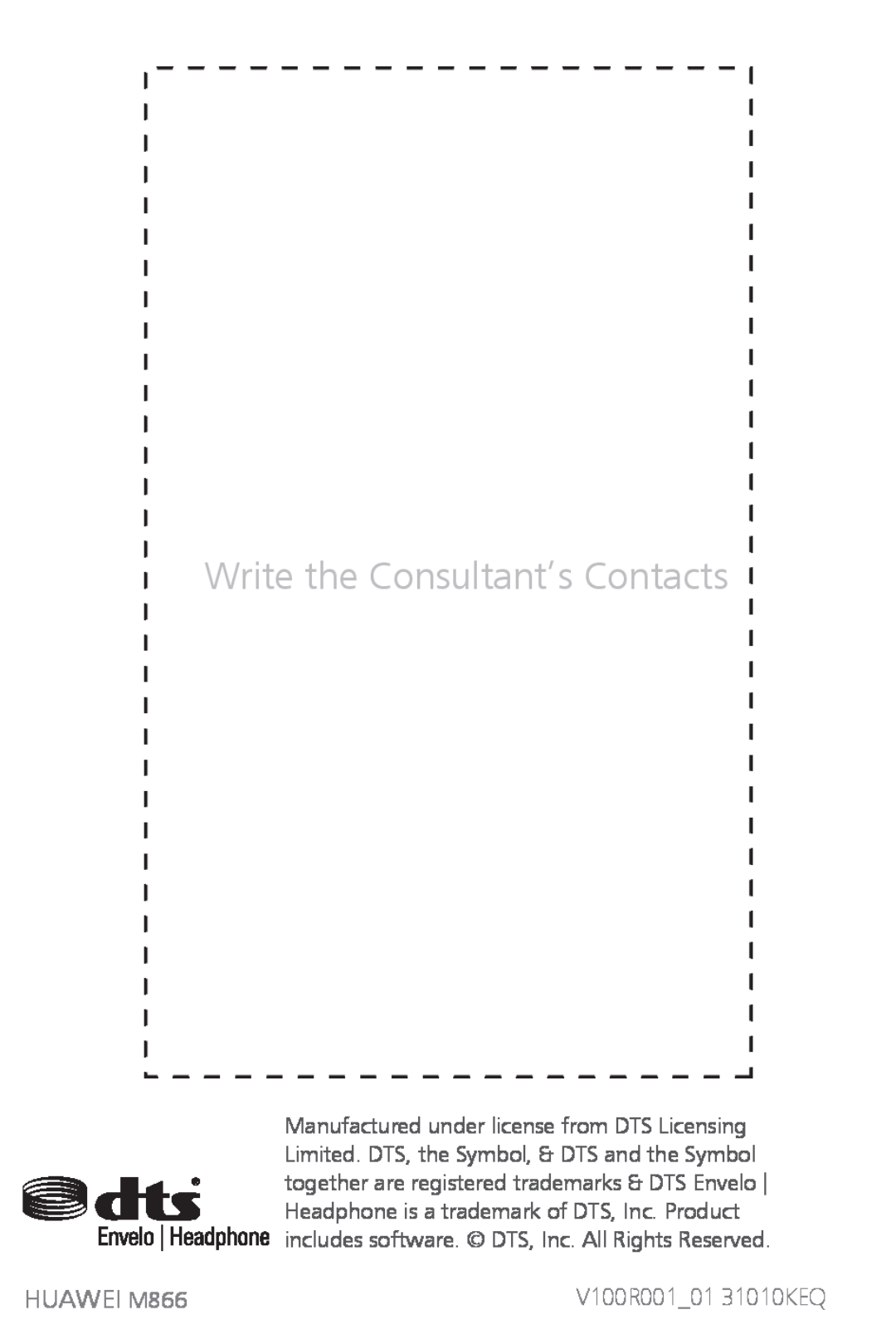 Huawei quick start Write the Consultant’s Contacts, HUAWEI M866, V100R00101 31010KEQ 
