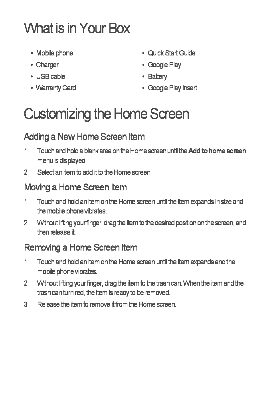 Huawei M866 What is in Your Box, Customizing the Home Screen, Adding a New Home Screen Item, Moving a Home Screen Item 
